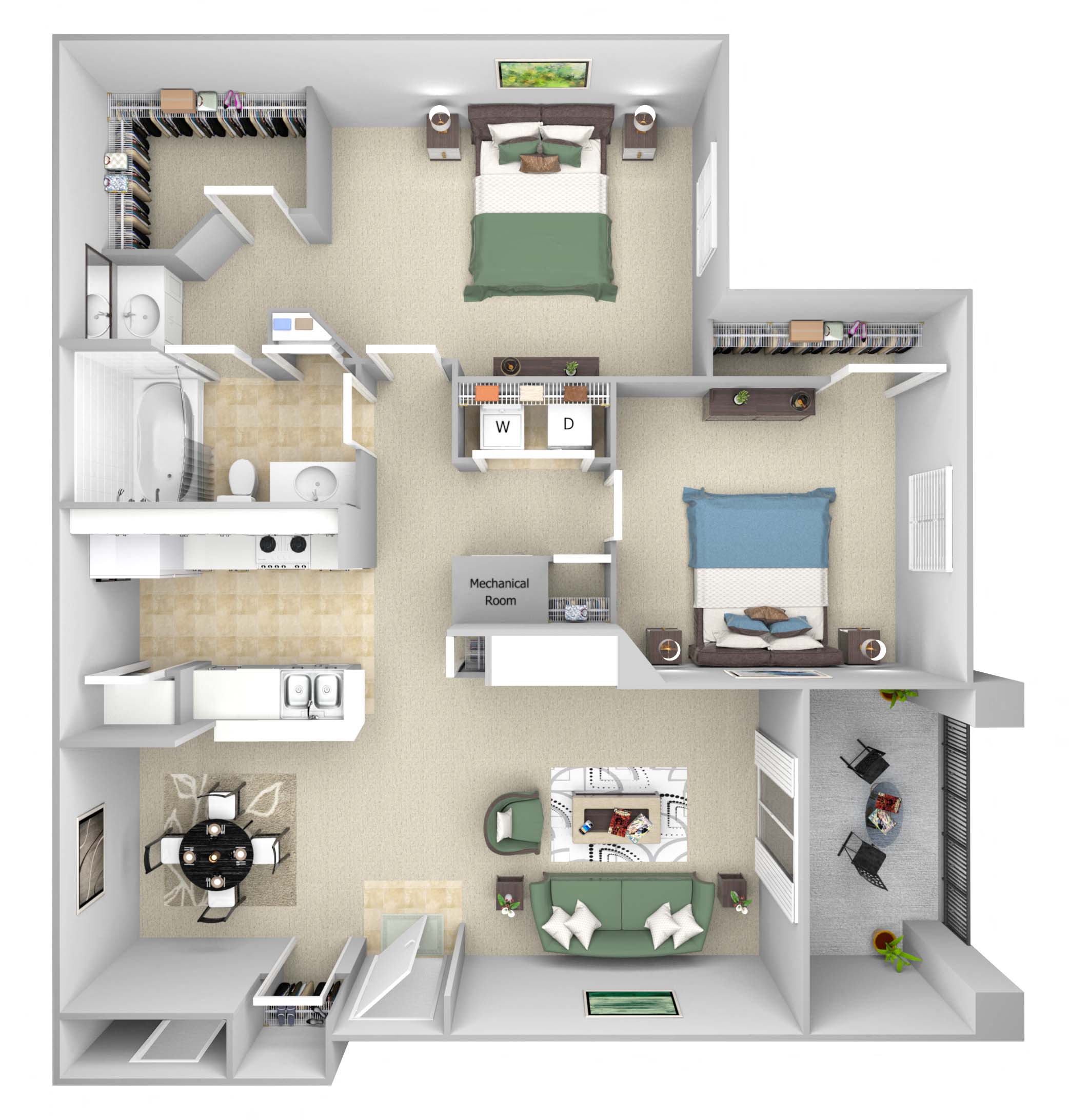 Floor plan for 2 beds, 1 bath, 1024 sqft
